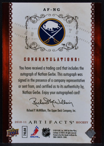 2010-11 Upper Deck Artifacts Auto-Facts Nathan Gerbe AF-NG Sabres Auto 5965