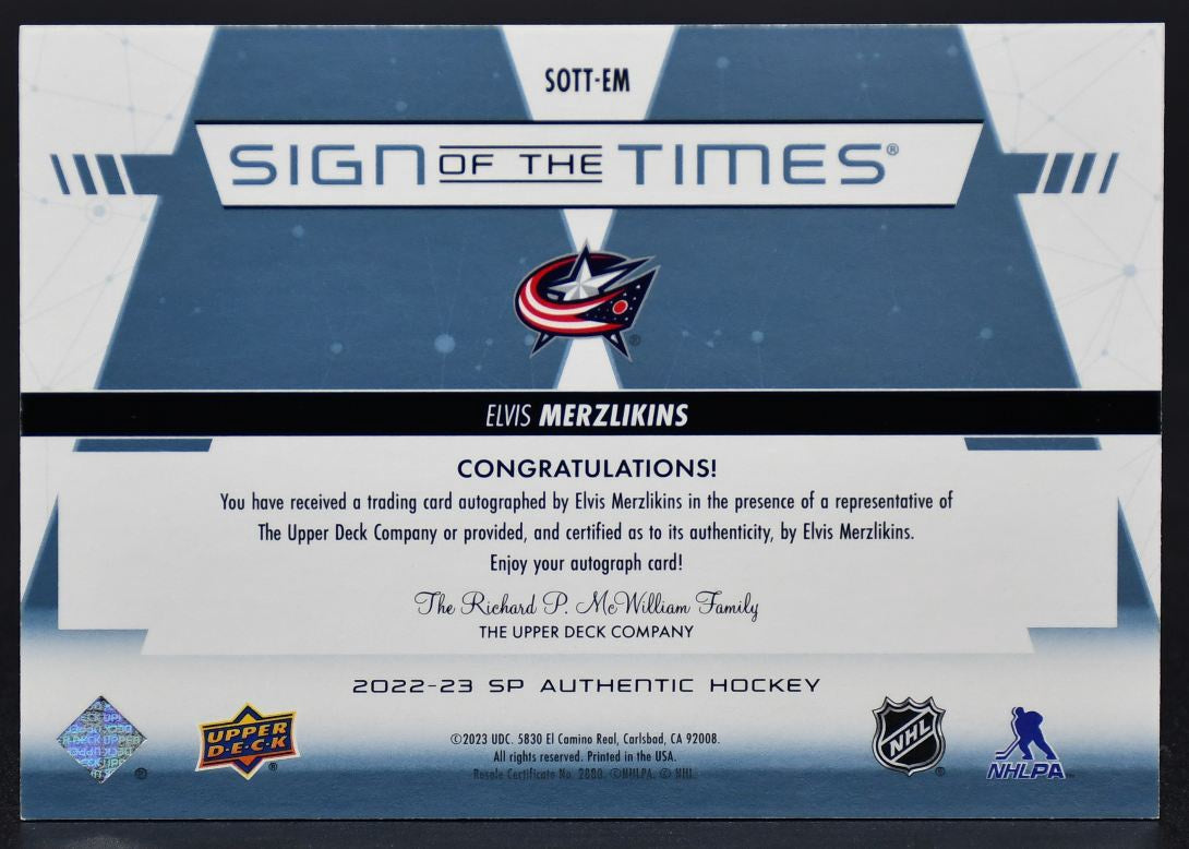 2022-23 SP Authentic Elvis Merzlikins SOTT-EM Columbus Blue Jackets Auto