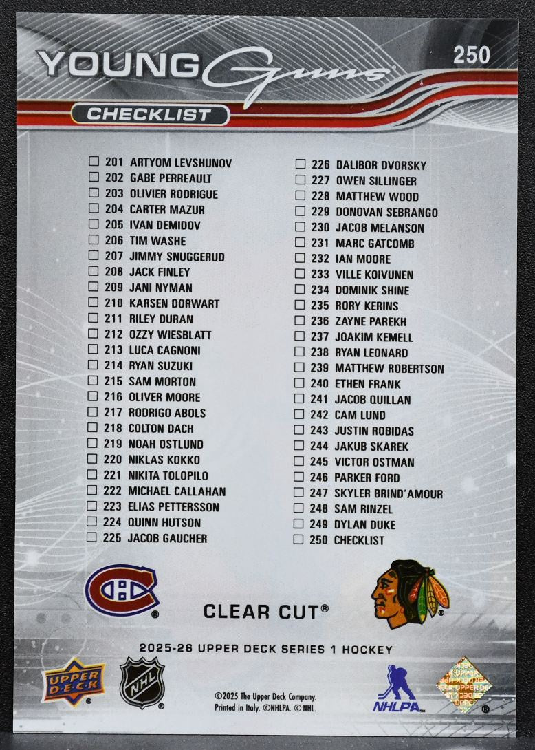 2025-26 UD Young Guns Series 1 Checklist acetate Demidov / Levshunov RC 9072