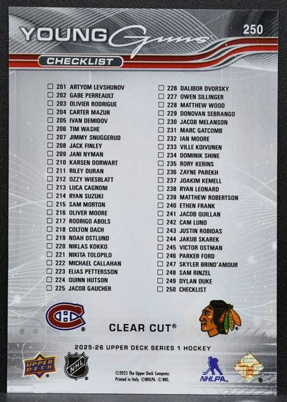 2025-26 UD Young Guns Series 1 Checklist acetate Demidov / Levshunov RC 9072