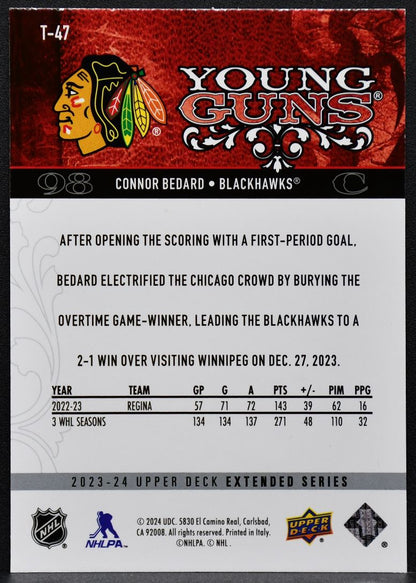 2023-24 UD 2008-09 Tribute Young Guns Connor Bedard T-47 Chicago Blackhawks RC 8310