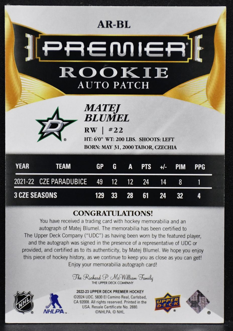 2022-23 UD Premier Acetate Rookie Auto Patch Matej Blumel AR-BL RC Auto /249