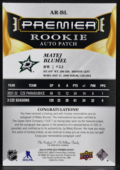 2022-23 UD Premier Acetate Rookie Auto Patch Matej Blumel AR-BL RC Auto /249
