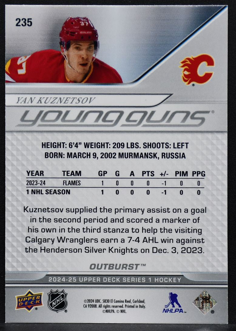 2024-25 UD Series 1 Young Guns Outburst Yan Kuznetsov 235 Calgary Flames RC