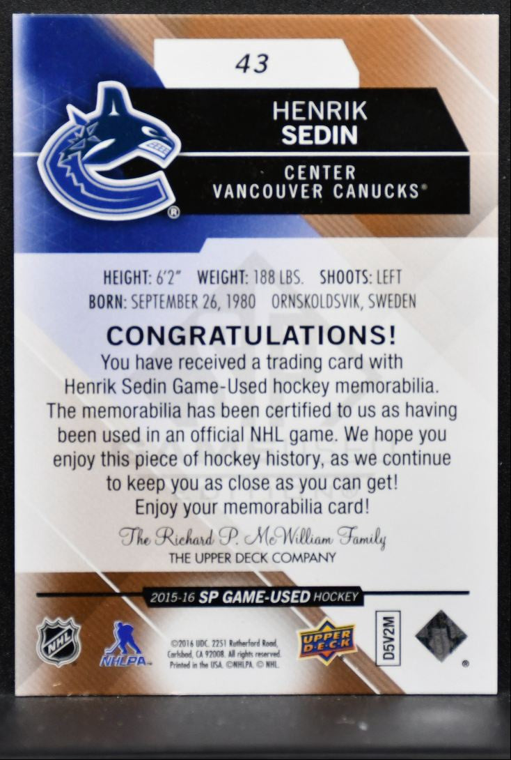 2015-16 SP Game Used Copper Jersey Henrik Sedin 43 Vancouver Canucks Jersey 4015