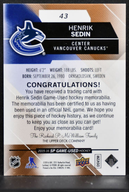 2015-16 SP Game Used Copper Jersey Henrik Sedin 43 Vancouver Canucks Jersey 4015