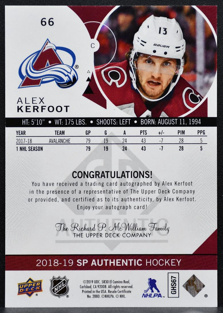 2018-19 SP Authentic Limited Auto Alex Kerfoot 66 Colorado Avalanche Auto 9213