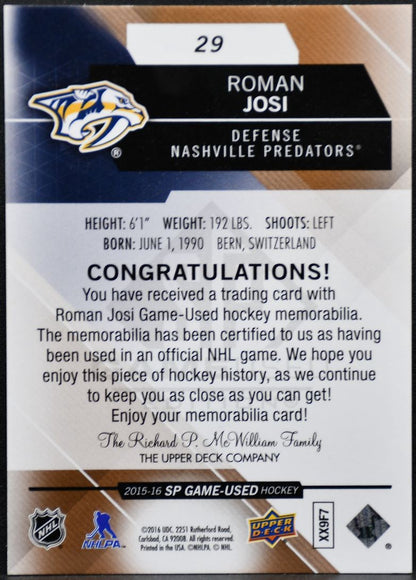 2015-16 SP Game Used Copper Jersey Roman Josi 29 Nashville Predators Jersey 0733