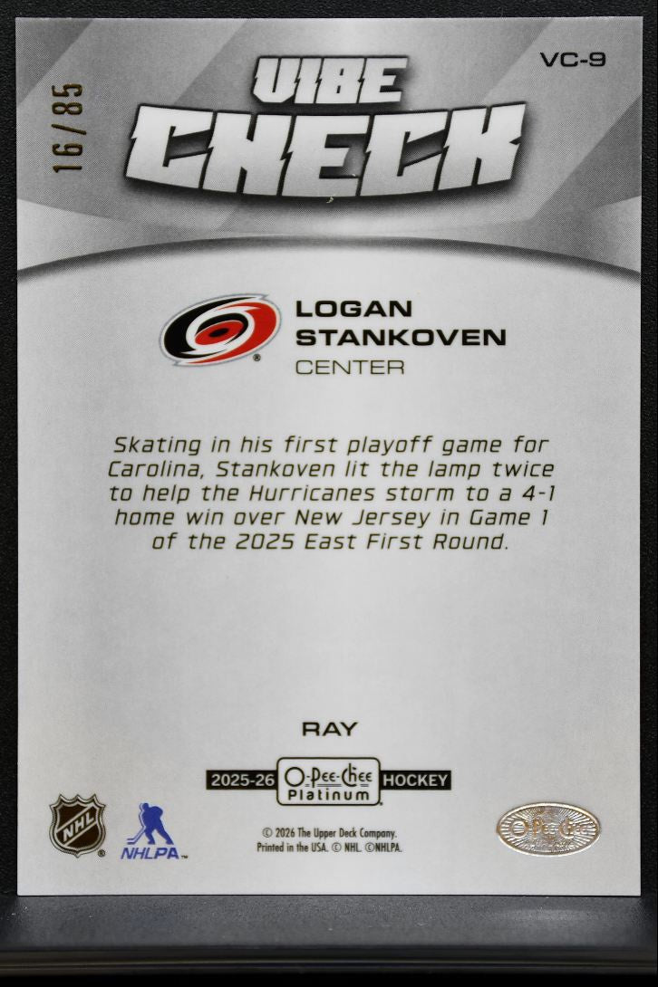 2025-26 O Pee Chee Platinum Vibe Check Ray Logan Stankoven Hurricanes 16/85 7917
