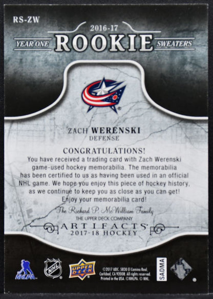 2017-18 UD Artifacts Year One Rookie Sweaters Zach Werenski RC Jersey 9422