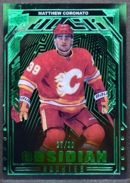 23-24 SPx UD Black Obsidian RC Emerald Coronato OR-39 Calgary Flames RC /30 9394
