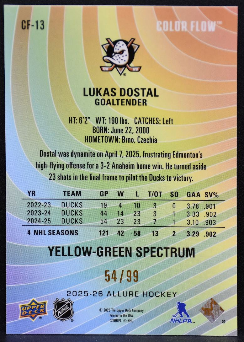 2025-26 UD Allure Color Flow Yellow-Green Spectrum Dostal CF-13 Ducks 54/99 5163