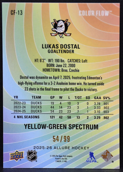 2025-26 UD Allure Color Flow Yellow-Green Spectrum Dostal CF-13 Ducks 54/99 5163