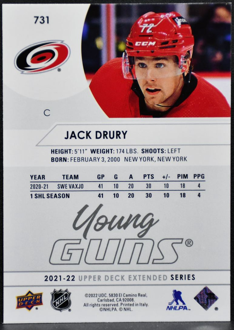 2021-22 Upper Deck Extended Series Young Guns Jack Drury 731 Hurricanes RC 7015