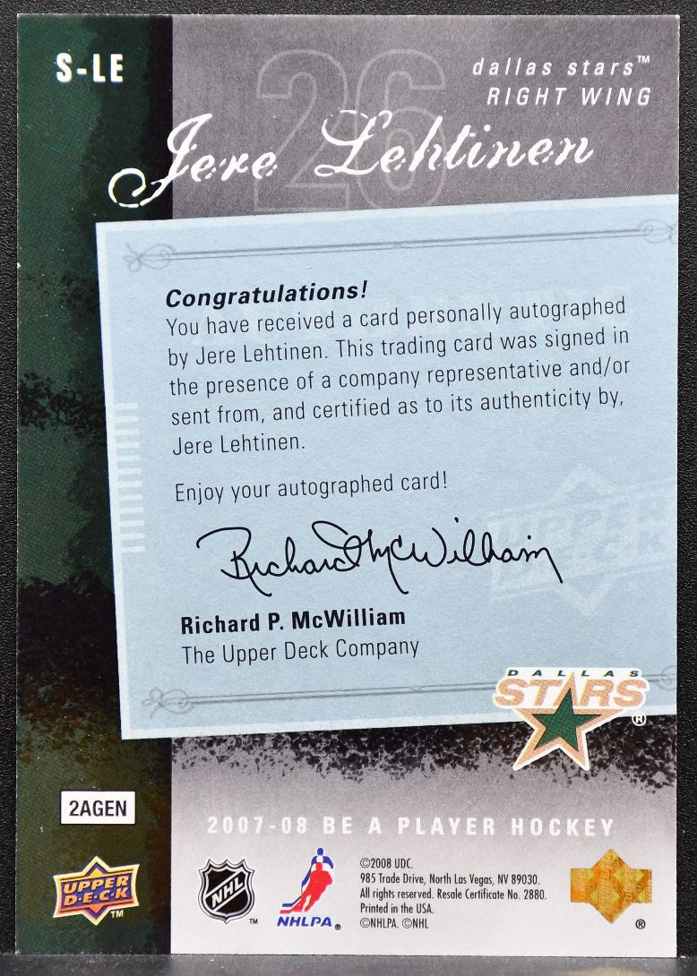2007-08 Upper Deck Be a Player Signatures Jere Lehtinen Dallas Stars Auto 1339