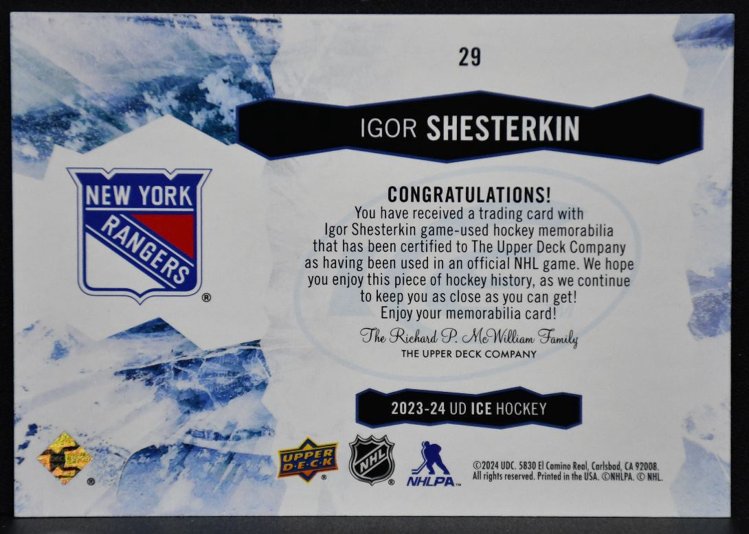 2023-24 Upper Deck Ice Jersey Orange Igor Shesterkin 29 New York Rangers Jersey 6873