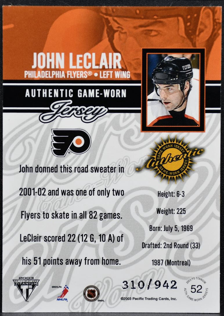 2002-03 Pacific Private Stock Titanium Jerseys John LeClair 52 /942 Jersey 8342