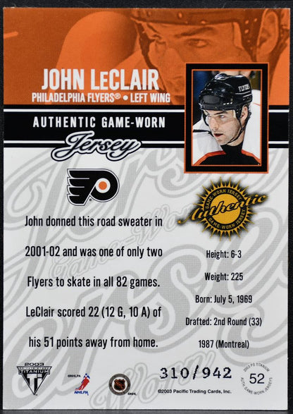 2002-03 Pacific Private Stock Titanium Jerseys John LeClair 52 /942 Jersey 8342