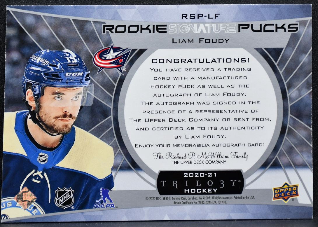 2020-21 UD Trilogy Rookie Signature Pucks Liam Foudy Blue Jackets RC Auto 7603