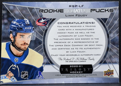 2020-21 UD Trilogy Rookie Signature Pucks Liam Foudy Blue Jackets RC Auto 7603