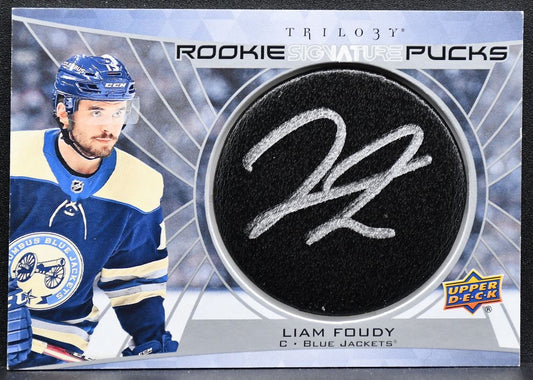 2020-21 UD Trilogy Rookie Signature Pucks Liam Foudy Blue Jackets RC Auto 7603