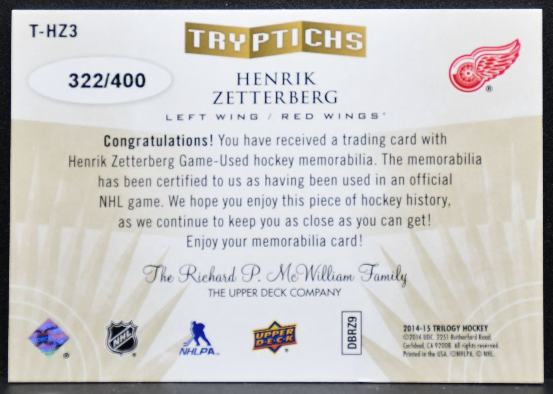 2014-15 UD Trilogy Tryptichs Henrik Zetterberg Red Wings 322/400 Jersey 3524