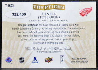 2014-15 UD Trilogy Tryptichs Henrik Zetterberg Red Wings 322/400 Jersey 3524