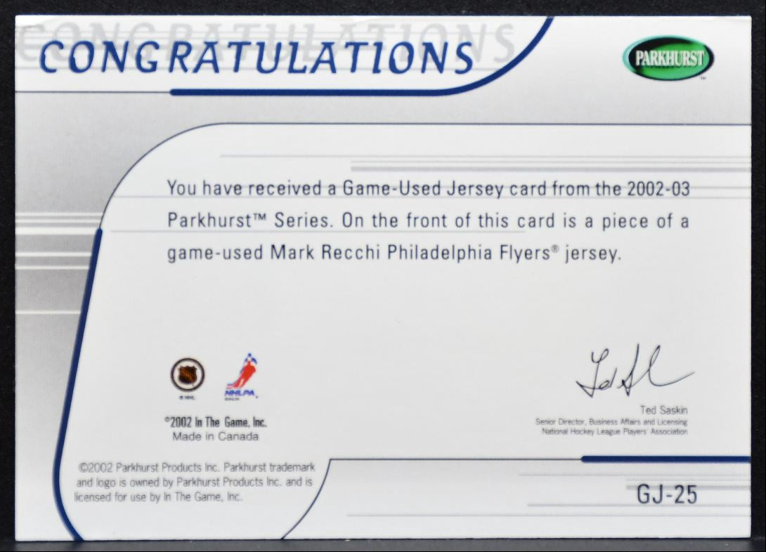 2002-03 Parkhurst Jerseys Mark Recchi GJ-25 Philadelphia Flyers Jersey 5203