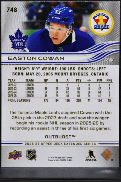 2025-26 UD Extended Series Round 1 Draft Easton Cowan 748 Maple Leafs RC 0724