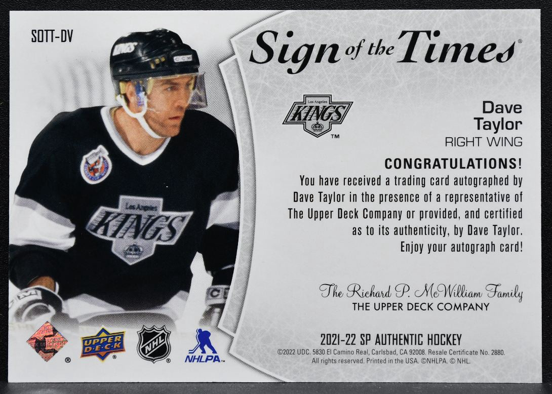 2021-22 SP Authentic Sign of the Times Dave Taylor SOTT-DV Kings Auto 3208