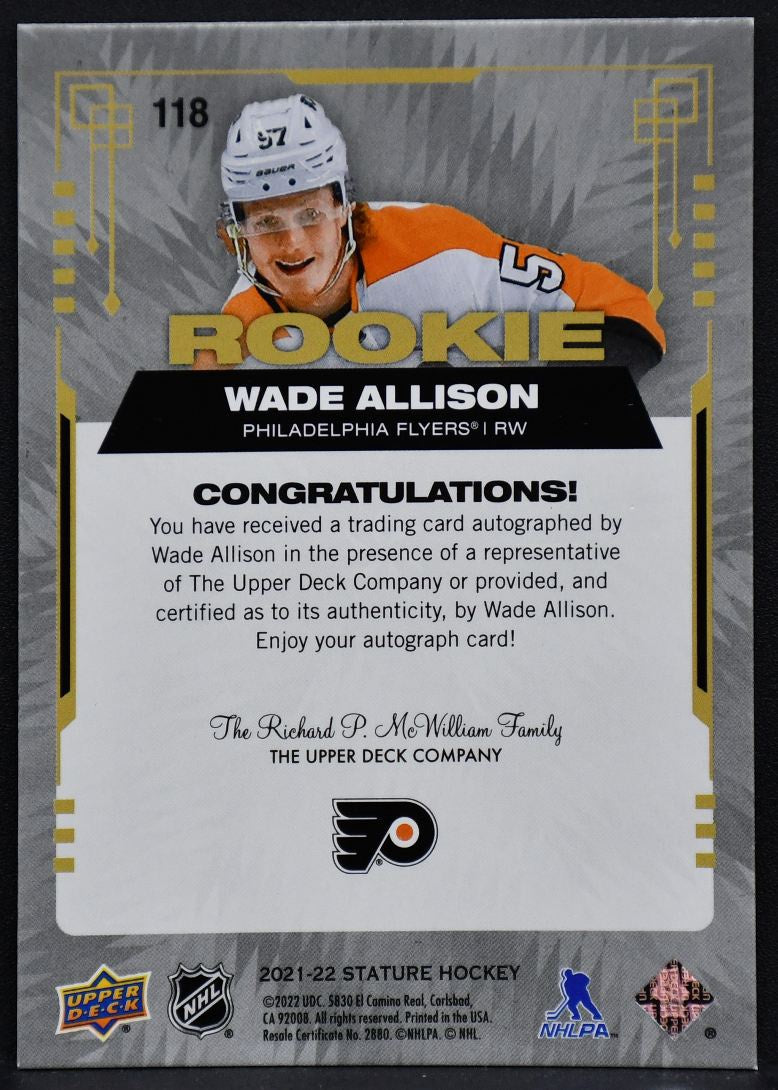 2021-22 UD Stature RC Auto Wade Allison 118 Philadelphia Flyers RC Auto 130/199 5556