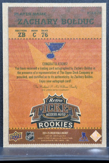 2024-25 UD Credentials Debut Ticket Access Auto Retro Bolduc Blues RC Auto 2713