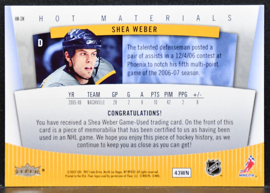 2006-07 Fleer Hot Prospects Materials Shea Weber HM-SW Predators Jersey 8765