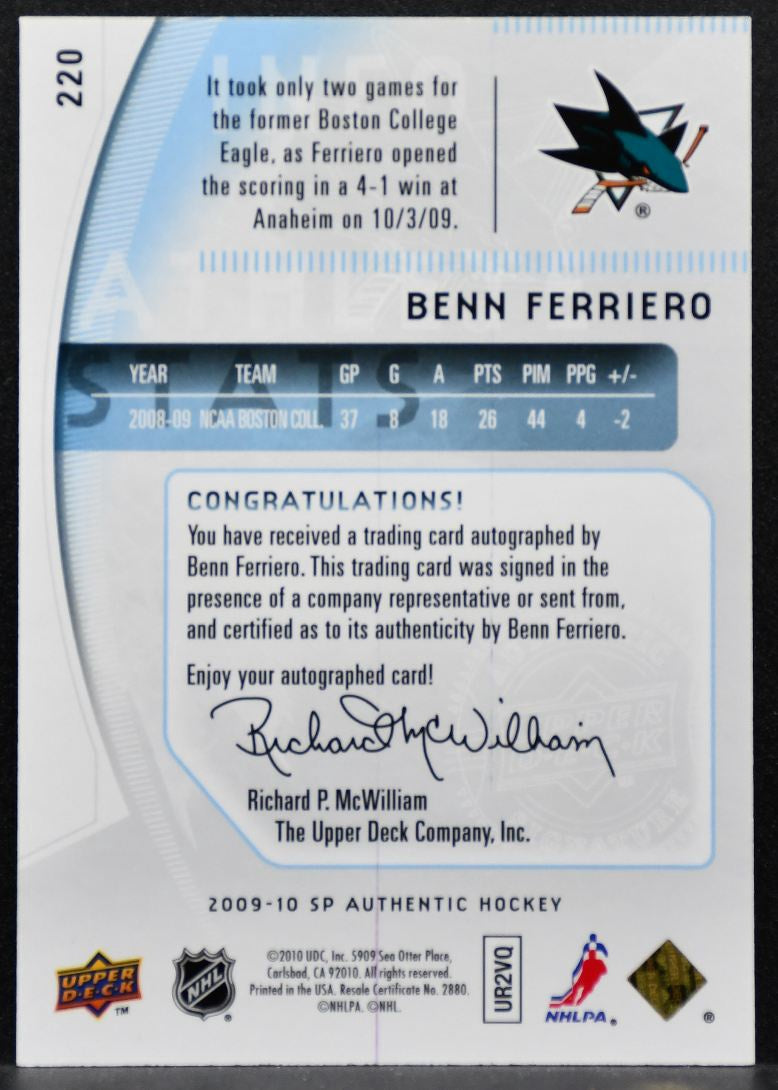 2009-10 SP Authentic Future Watch Auto Benn Ferriero Sharks RC Auto 441/999 6907