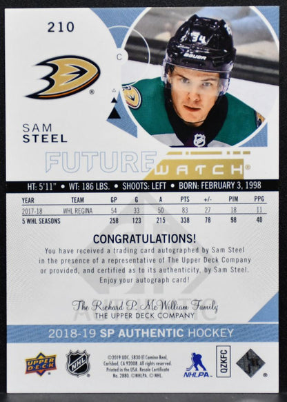 2018-19 SP Authentic Future Watch Auto Sam Steel RC Auto 739/999 7294