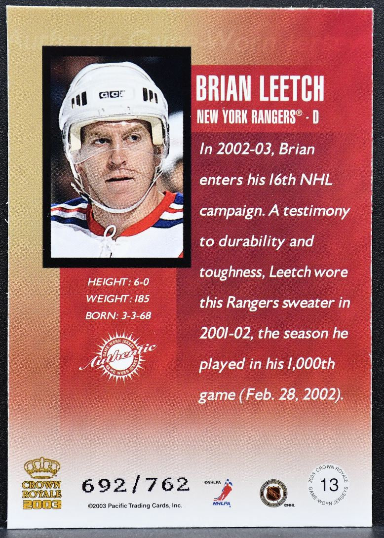 2003-04 Pacific Crown Royale Jersey Brian Leetch 13 Rangers 692/762 Jersey 5048