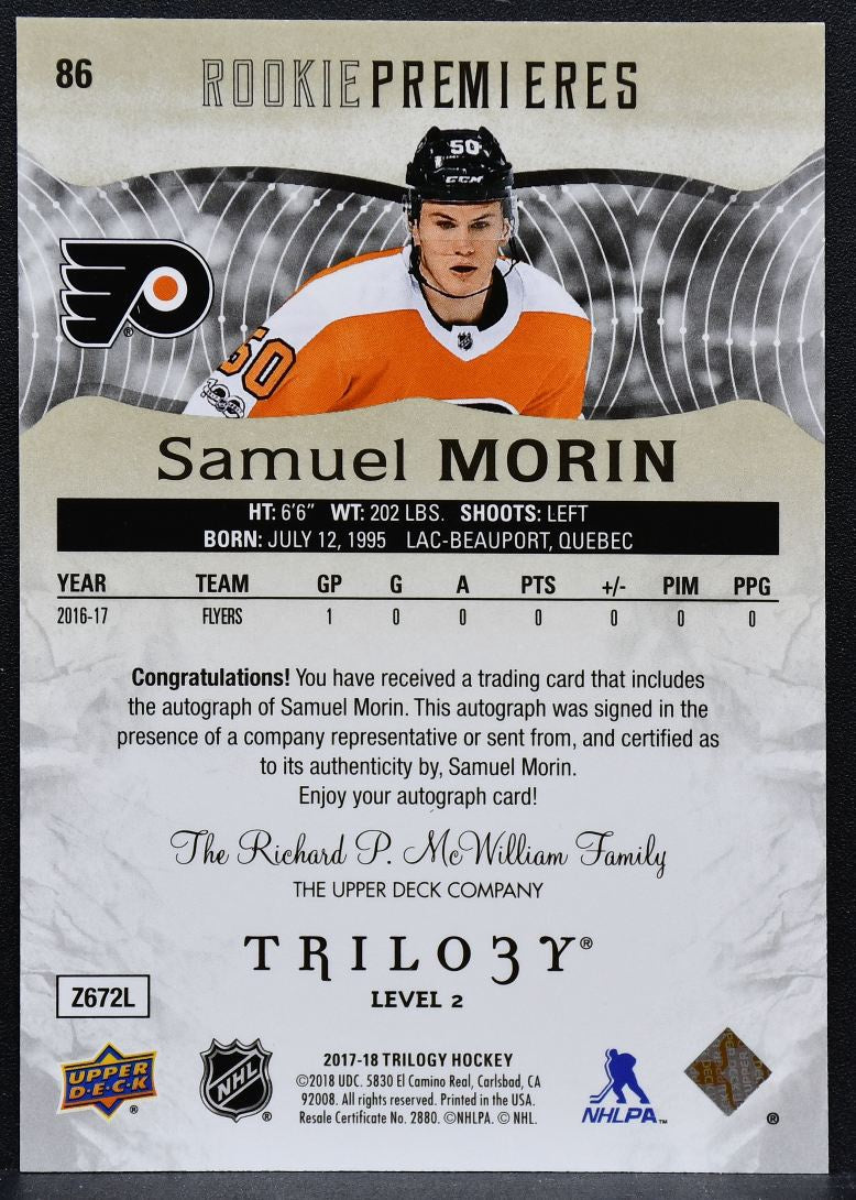 2017-18 UD Trilogy Rookie Premieres Auto Lvl2 Samuel Morin 86 RC Auto 5263