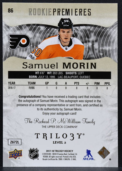2017-18 UD Trilogy Rookie Premieres Auto Lvl2 Samuel Morin 86 RC Auto 5263