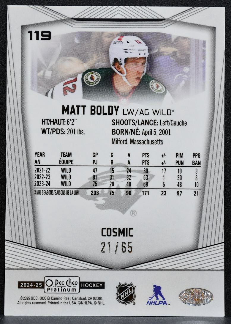 2024-25 O-Pee-Chee Platinum Cosmic Matt Boldy 119 Minnesota Wild 21/65 9546
