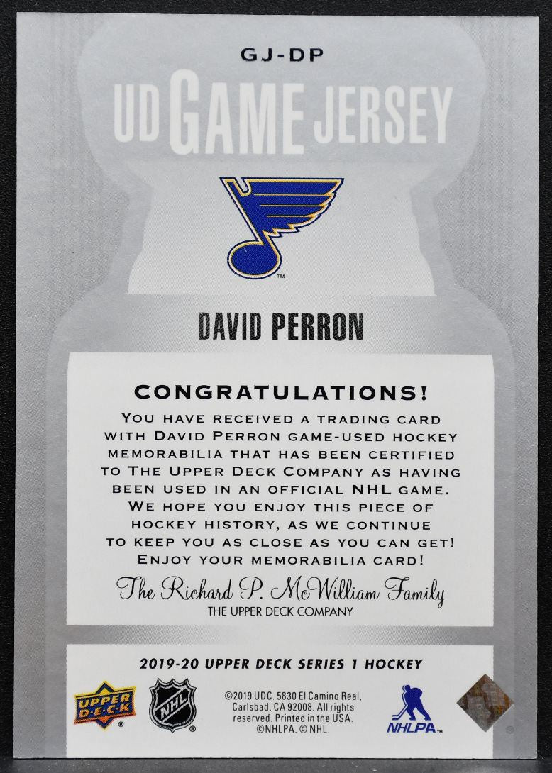 2019-20 Upper Deck Series 1 UD Game Jersey David Perron GJ-DP Blues Jersey 6557