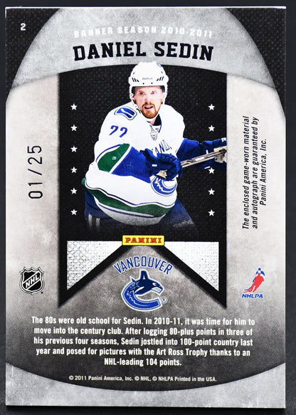 Maillot Panini Limited Banner Season 2010-11 Auto Sedin 2 Auto 01/25 Jersey