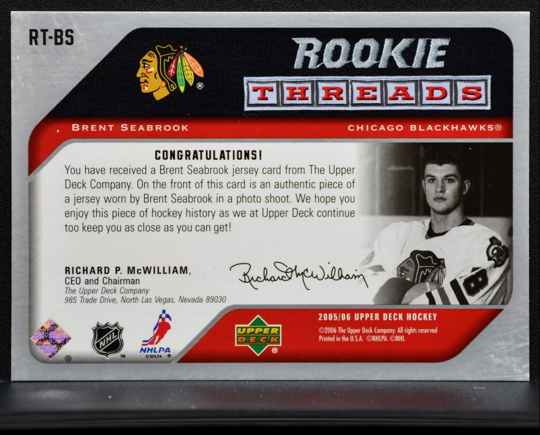 2005-06 Upper Deck Rookie Threads Brent Seabrook RT-BS Blackhawks RC Jersey 0931