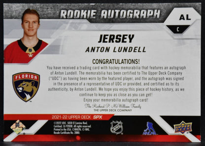 21-22 SPx RC Auto Jersey Anton Lundell AL Florida Panthers RC Auto /175 Jersey 6300