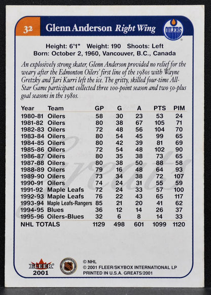 2001-02 Fleer Greats of the Game Glenn Anderson 32 Edmonton Oilers Auto 9341