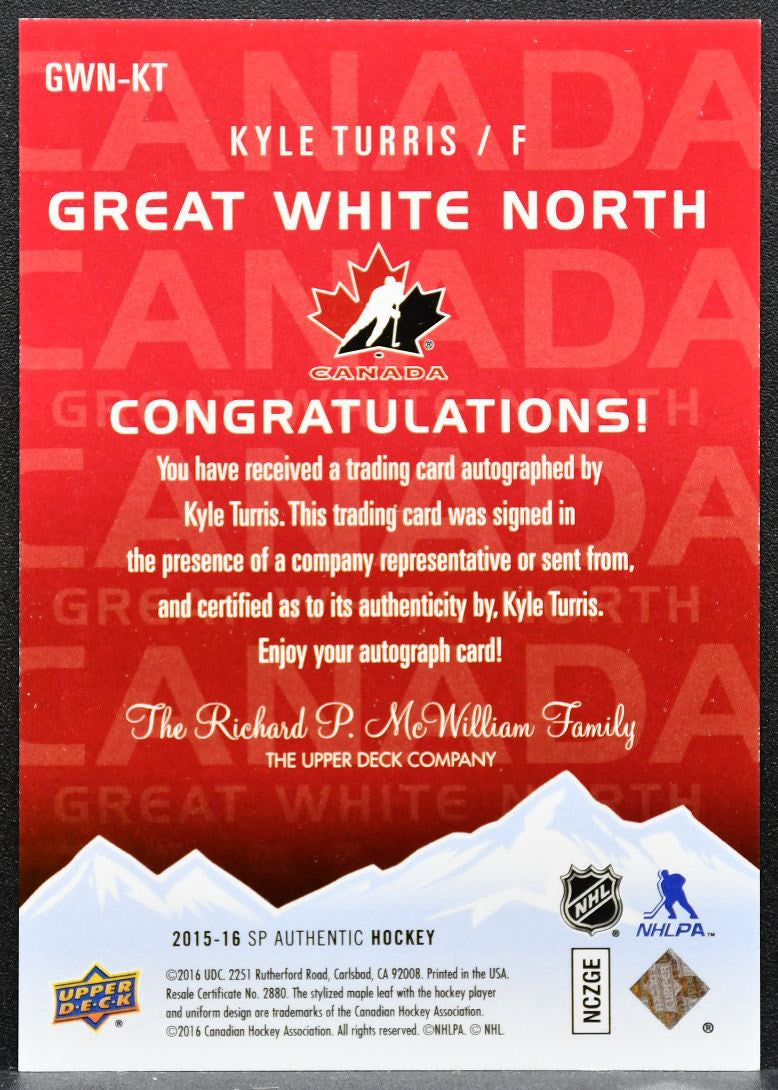 2015-16 SP Authentic Great White North Kyle Turris GWN-KT Canada Auto 7415