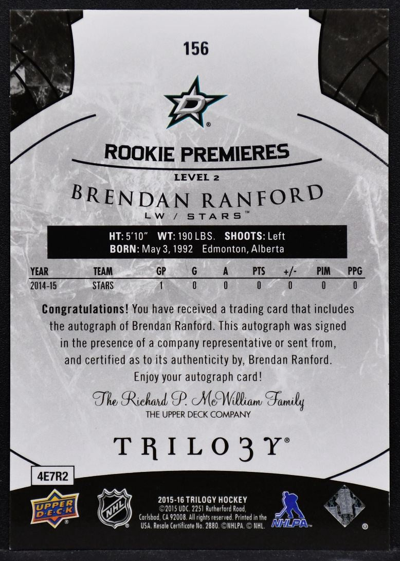 2015-16 UD Trilogy Rookie Premier Blue Foil Brendan Ranford 156 RC Auto
