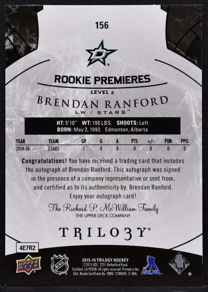2015-16 UD Trilogy Rookie Premier Blue Foil Brendan Ranford 156 RC Auto
