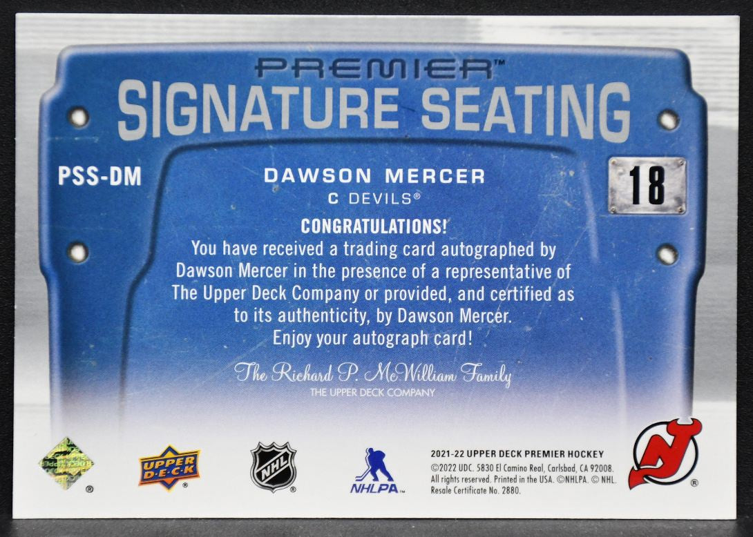 2021-22 UD Premier Signature Seating Dawson Mercer PSS-DM Devils RC Auto 5525