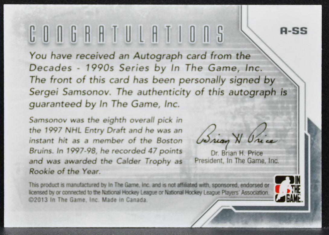 2013-14 In The Game Decades 1990s Autographs Sergei Samsonov Bruins Auto 2533
