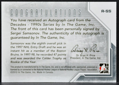 2013-14 In The Game Decades 1990s Autographs Sergei Samsonov Bruins Auto 2533